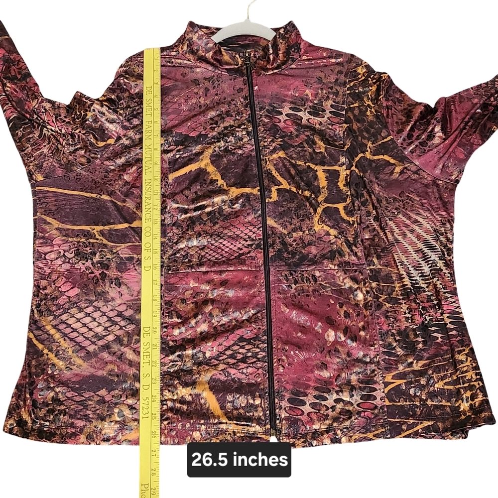 SUSAN GRAVER Zip Front Jacket Womens Plus 2X Red Brown Animal Snake Print Shiny - Picture 11 of 13